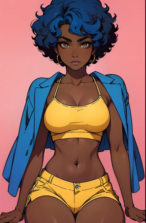 (best quality:1.1),original,1girl,chic,trendy,short afro hair, dark skin, makeup, 1970's, blue hair, brown eyes, anime style, ni...