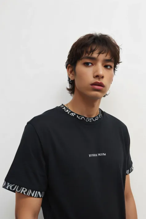 Arafed man wearing a black T-shirt with a chain around his neck, manches courtes, Tendance sur R/streetwear, Alex Miranda, Il porte un t-shirt noir, portant un t-shirt noir, Collection streetwear OutLive, Neck zoomed, Neck-focused, Eyvind, T noir - chemise...