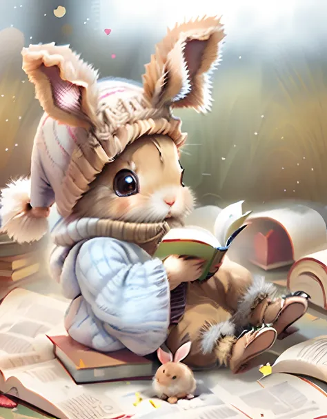 baby rabbit reading a book, wearing a knitted hat