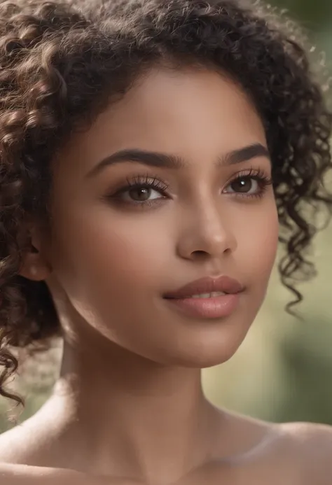 "Ultra-realistic image of a gorgeous 27-year-old African-American girl, ,Caramel peel, corps parfait, professionnel, 4K, sourire, filmed on Canon, 85 mm,, maigre, Taille ultra-fine, cheveux noirs, African short curly hair , Piercing gray eyes.hyper-realist...