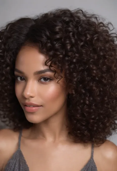 "Ultra-realistic image of a gorgeous 27-year-old African-American girl, ,Caramel peel, corps parfait, professionnel, 4K, sourire, filmed on Canon, 85 mm,, maigre, Taille ultra-fine, cheveux noirs, African short curly hair , Piercing gray eyes.hyper-realist...