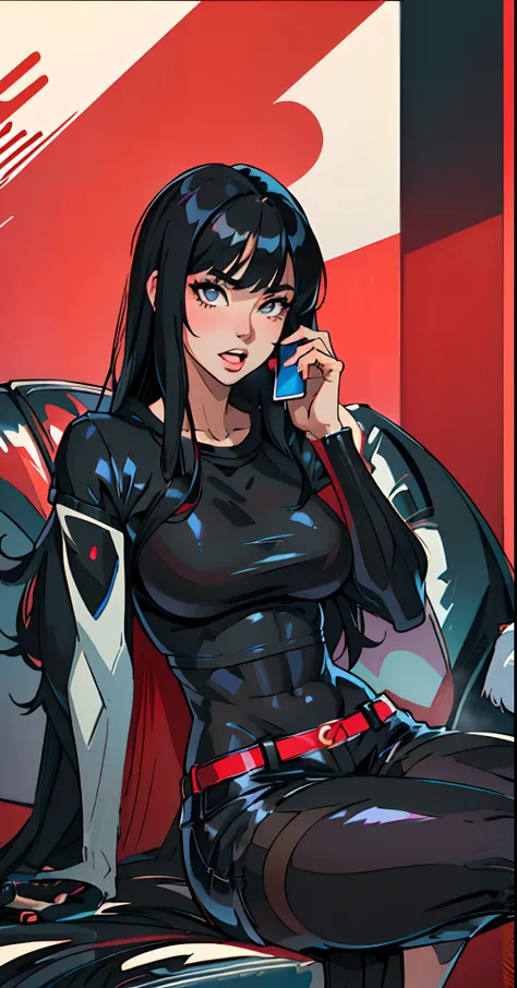 A handsome girl, mouth half open, hair is long, long hair with bangs, wearing a black sweatshirt, and holding a mobile phone in his hand, cell phone call, anime girl seductive anime girl, beautiful alluring anime woman, extremely detailed artgerm, commissi...