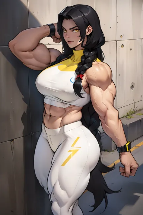 (((((((1 girl))))))), ((((((muscular)))))) black hair, yellow eyes, very long hair, tall, pale skin, (seductive expression), against concrete wall