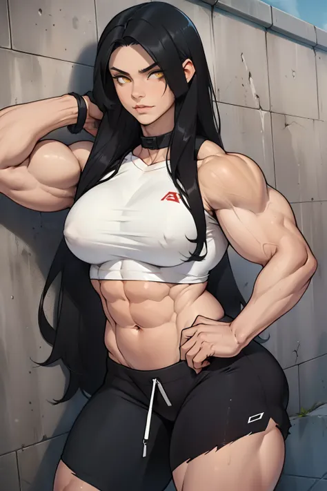 (((((((1 girl))))))), ((((((muscular)))))) black hair, yellow eyes, very long hair, tall, pale skin, (seductive expression), against concrete wall