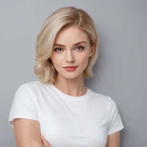 (photo: 1.3) af (realism: 1.4), (((white T-shirt))), (blond lady), super high resolution, (realism: 1.4), 1 girl, female avatar, soft light, Short hair, facial focus, cheerful, young, confident, ((gray background)), (((monochrome background))), high defini...