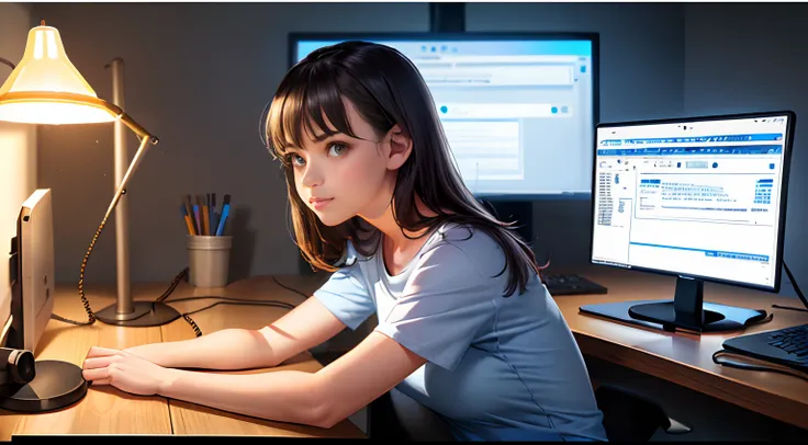 (girl is typing in a computer:1.3), alone in a big office with 4 empty places, wearing a grey t-shirt, wearing blue jeans, (light comes from a lamp mounted on one screen:1.4), dim lights, the workplace has 2 screen and a keybaord, (a webcam is mounted on o...