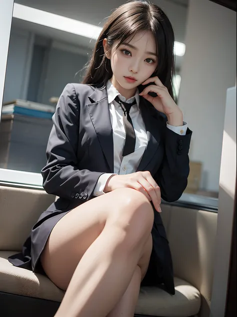 Office lady in blazer and collared white shirt、sat down and crossed legs、drooping eyes: 1.3,, (in 8K) , ​master piece, (No retouching, Lip gloss, False eyelashes, Real Skin, of the highest quality, 超A high resolution, depth of fields, chromatic abberation,...