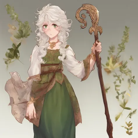 Male humans，Gray curls，Green eyes，Wear a plain robe，Wave the stick with both hands，The expression is soft，A harpist badge hangs around his neck，Talk to the birds，Stand in the dense woods，Painting style magic style，Half-body close-up，DND style