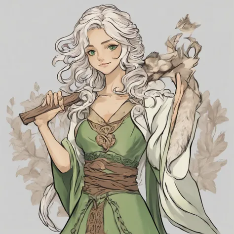 Male humans，Gray curls，Green eyes，Wear a plain robe，Wave the stick with both hands，The expression is soft，A harpist badge hangs around his neck，Talk to the birds，Stand in the dense woods，Painting style magic style，Half-body close-up，DND style