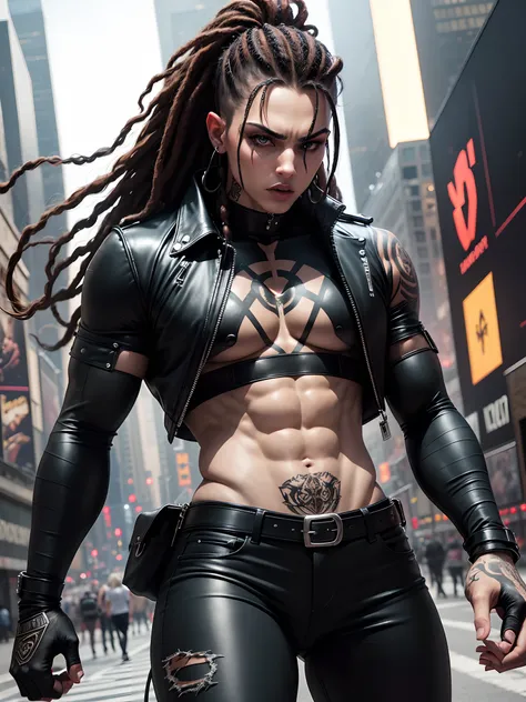 in New York, Time Square, a 25-year-old woman in the style of The Wolf, from DC Comics, with dreadlocks, is an intergalactic antiheroine known for her brutality and sarcastic attitude. He is depicted as an alien humanoid with pale white skin, long black dr...