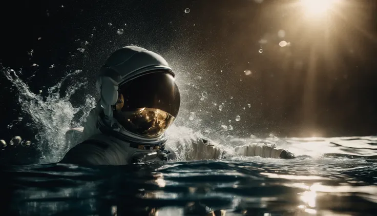 a picture、(Photorealsitic:1.4)、(hyper realisitic:1.4)、(Cinematic:1.5)、Astronaut submerged in water、air bubble、Rays from above、