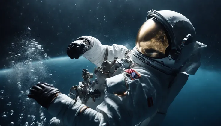 a picture、(Photorealsitic:1.4)、(hyper realisitic:1.4)、(Cinematic:1.5)、Astronaut submerged in water、air bubble、Rays from above、