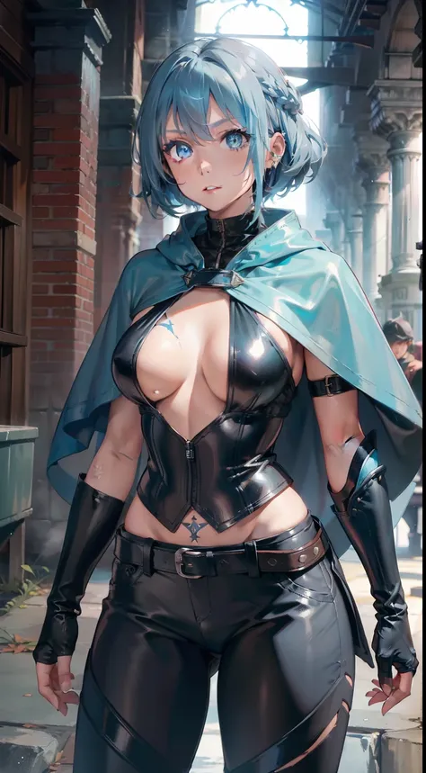 young girl, short gray hair, tomboy, Cyan eyes, Scars, Tatoo, Blue leather cloak, breeches, two swords, open breasts, Masterpiece, hiquality, 4k, HD, Good detail