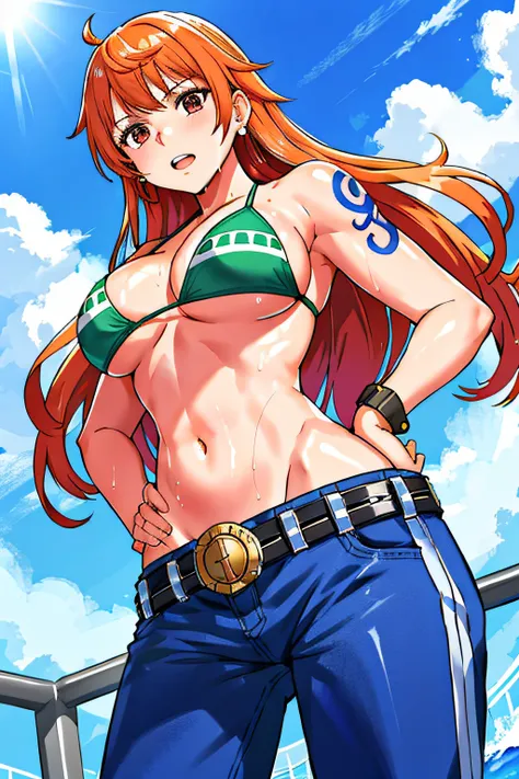 detailed background, masterpiece, 4k, epic, best quality, late youth, adult, wrestler body, strong, 1girl, active, energic, (large mouth) , solo, nami (one piece), 1girl, bangle, (very wet, drenched in sweat, sweat all over body, very wet hair, tired, open...