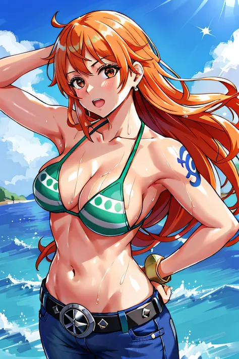 detailed background, masterpiece, 4k, best quality, late youth, adult, wrestler body, 1girl, active, energic, uppercut, (large mouth) , solo, nami (one piece), 1girl, bangle, (very wet, drenched in sweat, sweat all over body, very wet hair, tired, taking b...