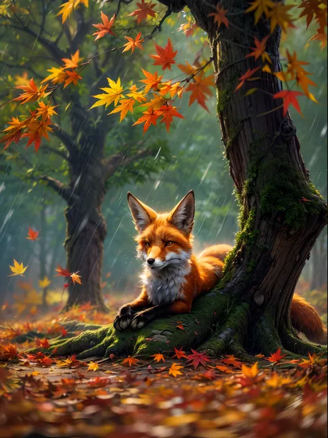 (best quality,4k,8k,highres,masterpiece:1.2),ultra-detailed,(realistic,photorealistic,photo-realistic:1.37),colorful autumn scene,lonely fox,cute fox,autumn forest,fox laying under a bunch of maple leaf,hiding fox,root of a tree,rainy day,serene atmosphere...