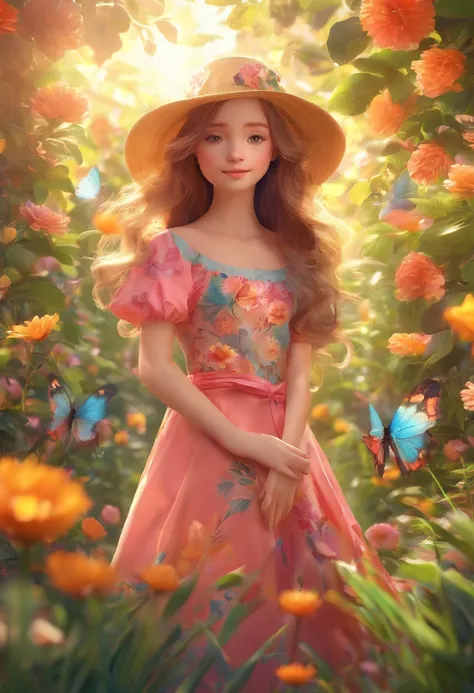 A girl in a garden,illustration,girl with long flowing hair,girl wearing a floral dress,butterflies fluttering around the girl,beautiful detailed eyes,beautiful detailed lips,extremely detailed eyes and face,long eyelashes,soft and delicate flower petals s...