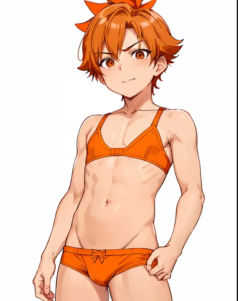 Anime boy in bra with orange bow, aya takano color style, Orange bra, Boy in orange panties, Makoto, Only underwear, garments:bra very, Rin, Anime boy with red short hair, Anime boy with brown eyes, marin kitagawa fanart, male child, natsumi mukai artwrok,