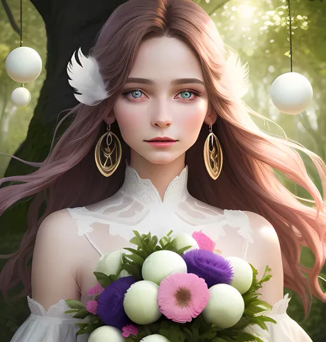 highres, realistic, beautiful detailed eyes, beautiful detailed lips, long eyelashes, flowing brown hair, purple ribbon, delicate features, calm expression, white feather earring, pink dress, flower bouquet, sunlight filtering through trees, vibrant garden...