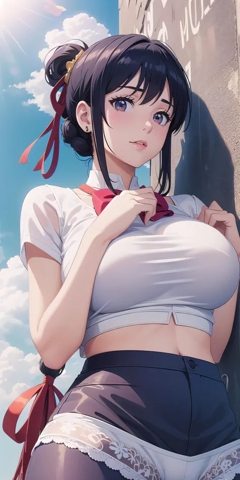 miyamizu_mitsuha, red bowtie,
jewelry, white yoga crop top, white yoga tight shorts, hands on chest,see-through, looking at viewer,  hair ornament, choker, shy,
(masterpiece, top quality, best quality, official art, beautiful and aesthetic:1.2), (1 girl), ...