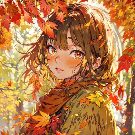 bright colors, falling leaves, golden sunlight, cozy atmosphere, vibrant reds and oranges, soft and warm tones, peaceful setting, gentle breeze, nostalgic mood, autumn foliage, serene expression, delicate eyelashes, captivating gaze