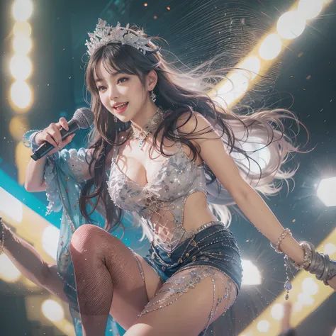 8k, highest quality, high resolution, realistic, real person, live stage with a large audience, one girl, young and cute korean idol, ((KARA)), big, long and beautiful legs, dancing violently in various poses while smiling on stage, holding microphone in h...