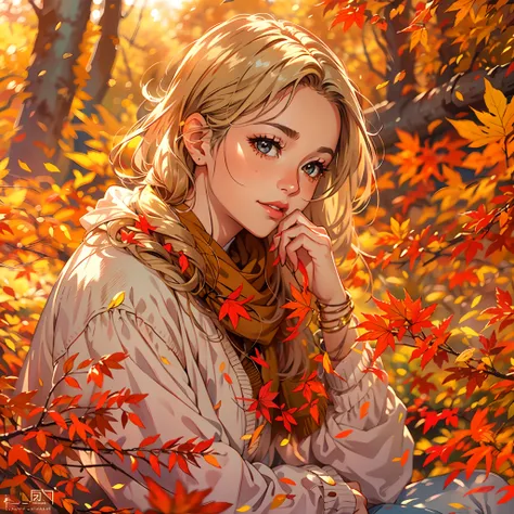 bright colors, falling leaves, golden sunlight, cozy atmosphere, vibrant reds and oranges, soft and warm tones, peaceful setting...