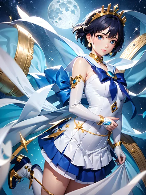 best quality,masterpiece,reality:0.8,1girl ,moonlight,under the moon,at night,rich background,((Ami Mizuno)),(Sailor Mercury,)Sailor suit, magical girl,dark blue hair, blue pupils, White pure blue skirt, blue collar with white stripes, light blue bows on t...