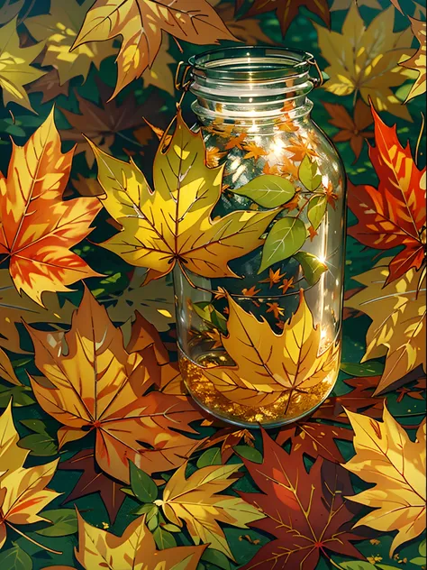 (best quality,ultra-detailed,photorealistic),image of a shiny maple leaf inside a jar , soft sunlight through the trees,falling leaves,serene atmosphere,natural beauty,vivid colors,subtle shadows,intricate veins on the leaves,crisp autumn air,whispering br...