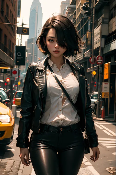 (masterpiece:1.2) (illustration:1.1) (best quality:1.2) (detailed) (intricate) (8k) (HDR) (wallpaper) (cinematic lighting) (sharp focus), (1girl), beautiful woman, petite, skinny, fair skin, short black hair, leather pants, leather jacket,  black leather, ...