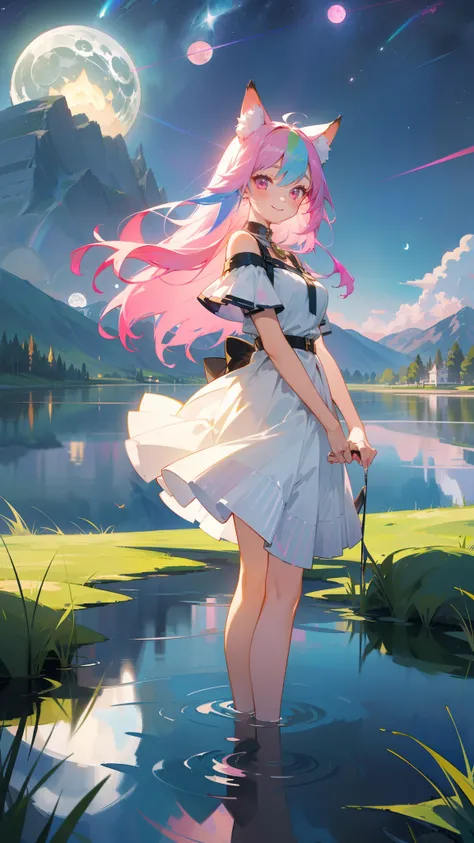 1girl ,20s,happy face,smile,white short dress,medium tits,rainbow hair,long hair,pink eyes,fox ears,((standing,grass,mountain,lake,moonlight reflected in water, in the starry night,)),cowboy shot,