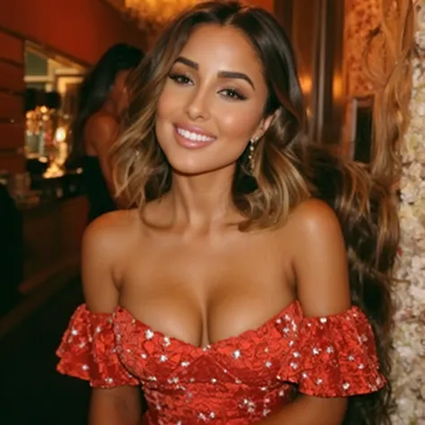 a woman in a red dress posing for a picture, olivia culpo, olivia de bernardinis, violet myers, looking hot, sultry smirk, smili...