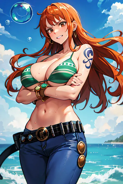 nami (one piece), 1girl, bangle, bangs, bare shoulders, belt, bikini, bikini top only, bracelet, breasts, brown eyes, bubble, cleavage, denim, earrings, floating hair, green belt, green bikini, groin, jeans, jewelry, large breasts, long hair, looking at ow...