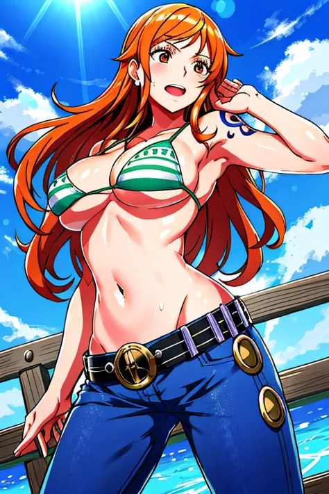 detailed background, masterpiece, 4k, best quality, late youth, adult, wrestler body, 1girl, active, energic, uppercut, (large mouth) , solo, nami (one piece), 1girl, bangle, (very wet, drenched in sweat, sweat all over body, very wet hair, tired, taking b...