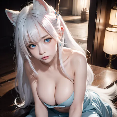 Full body, (Naked:1.5), Two Miss Fox Demons，Fox Devil Fox Years White Hair Girl，Sexy and feminine，Fluffy fox ears，fox tails，No ears，reddish tones，The beauty of fox ears alone，Cover chest，Clan Girl，Foxs eye，Enchanted，Charming，16 K， best qualtiy， tmasterpiec...