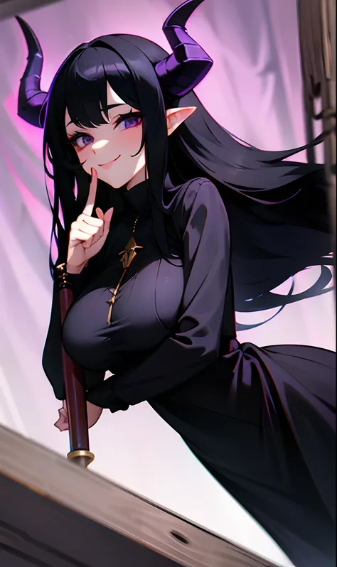 30-year-old girl holding a pipe while wearing a black dress with huge breasts and with her finger under her mouth smiling long black hair and light purple demon horns