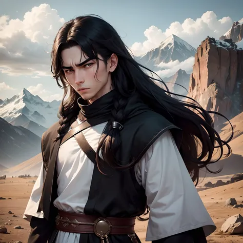 In the background are mountains, A young man, 18 years old named Men, black eyes, long hair, White, wearing a black tunic, Angry