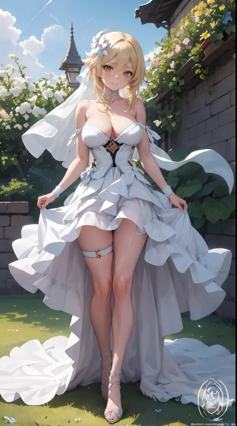 Lumine | genshin impact, master-piece, bestquality, 1girls,25 years old, proportional body, proportional., long-haired, Wedding Dresses, White Wedding Dress, Long skirt, mediuml breasts, ,bara, choker, Standing in the middle of a flower garden, outdoor, Th...