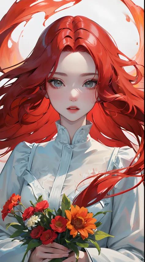 girl，Red wavy hair，Flame hair ornaments，with a round face，Redlip，white skinned，Danfeng Eyes，Delicate facial features，White color blouse，火焰，brightly colored，frontage，brightly，green trees，yellowflower，Blue ocean，Big wind，Hyper-Resolution，accuracy，detail rend...