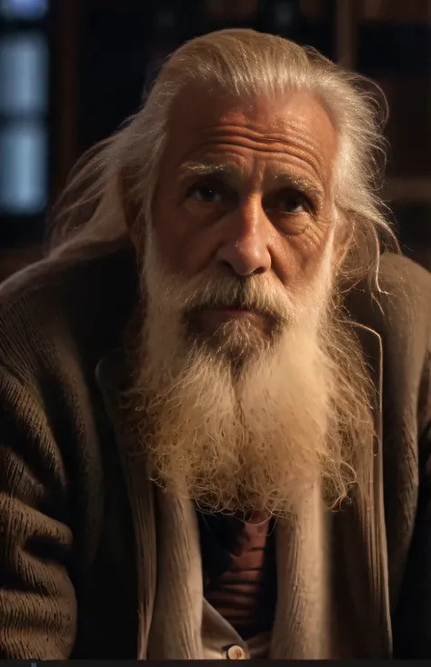 um close up de um homem com uma longa barba e uma camisola, longos cabelos brancos e barba branca, barba e cabelo brancos muito longos, longos cabelos brancos e barba, barba e cabelo brancos arrumados, ele tem barba e cabelos grisalhos, um velho, old man, ...