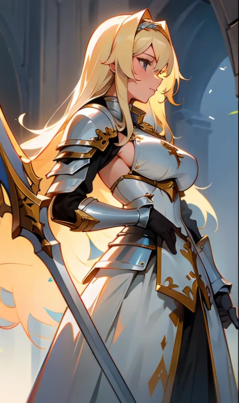 30 year old girl with medium boobs long blonde hair wearing white paladin armor while holding a huge spear in her right hand