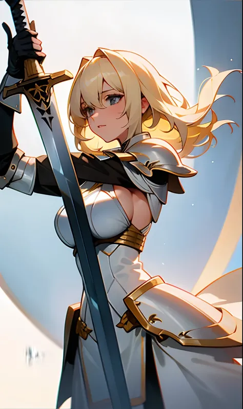 30-year-old girl with medium boobs blonde hair wearing white paladin armor while holding a huge sword in her right hand