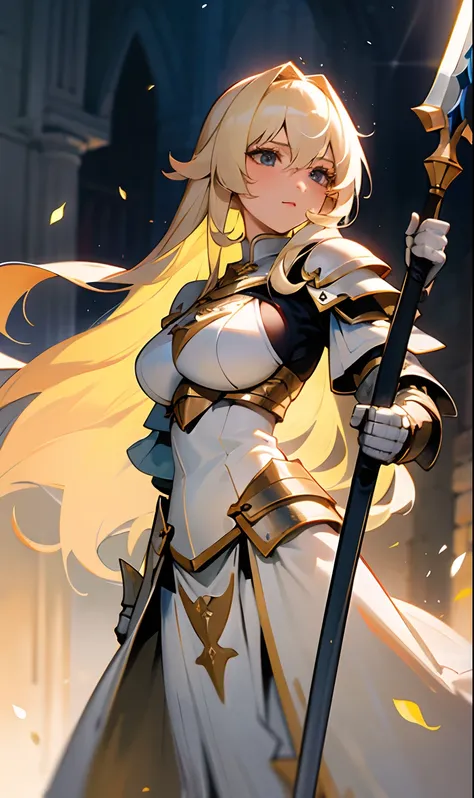 30 year old girl with medium boobs long blonde hair wearing white paladin armor while holding a huge spear in her right hand