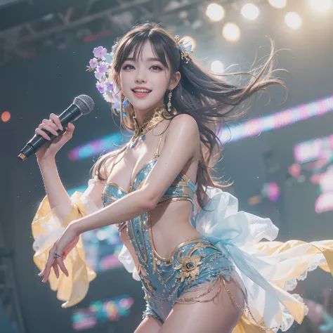 8k, highest quality, high resolution, realistic, real person, live stage with a large audience, one girl, young and cute korean idol, ((KARA)), big, long and beautiful legs, dancing violently in various poses while smiling on stage, holding microphone in h...