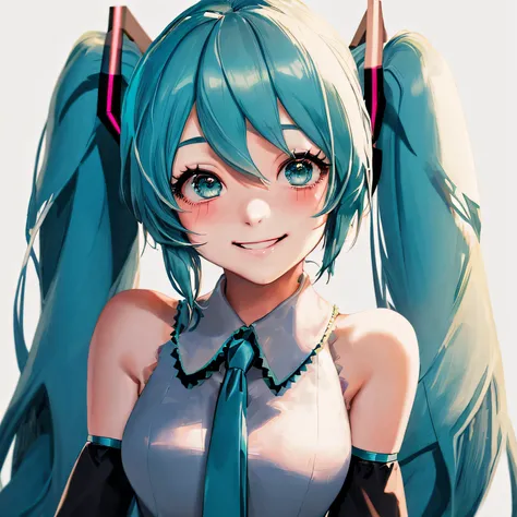 a close up of a cartoon woman that is dressed up to look like a real women, 1girl, solo, hatsune miku, long hair, detached sleeves, smile, twintails, upper body, looking at viewer, bare shoulders, blush, shirt, bangs, ribbon, simple background, breasts, ha...