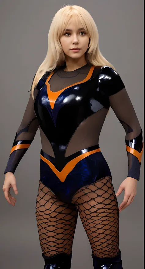 Une femme blonde avec des cheveux long et une frange, en tenue noire et orange posant pour une photo, hyper detailed, detailed body, dark blue leotard costume, energetic varia suit, tenue de catch, cyber suit, Combinaison Chrome,