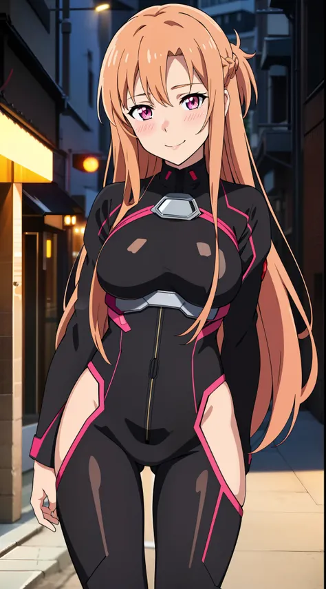 (best quality:1.5, highres, UHD, 4K, detailed lighting, shaders), asuna yuuki, light brown long hair, busty, black bodysuit, sexy, standing, smiling, street background, pink eyes, (pov, close shot, blushing:1.1)