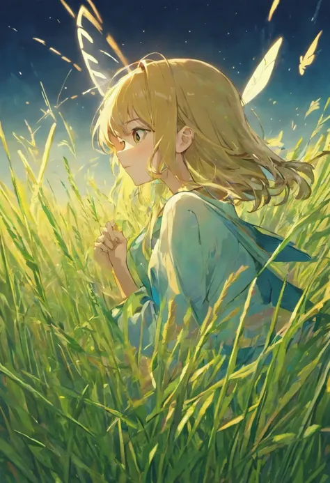 Midnight anime beautiful scenery, straw grass flies from wind