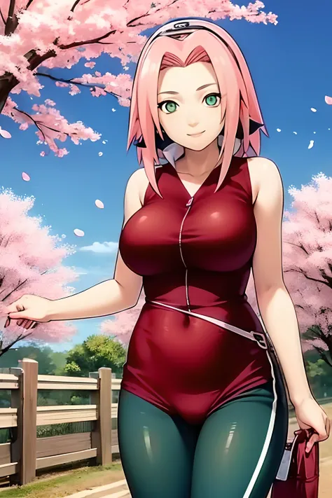 tmasterpiece， Best quality at best， 1girll， Sakura Haruno， Large breasts, smile，with pink hair， long whitr hair， （Green eyeballs:1.4)， Forehead protection， the cherry trees，Cherry blossoms flying，Red clothes，tight half pants, wallpaper, thighs