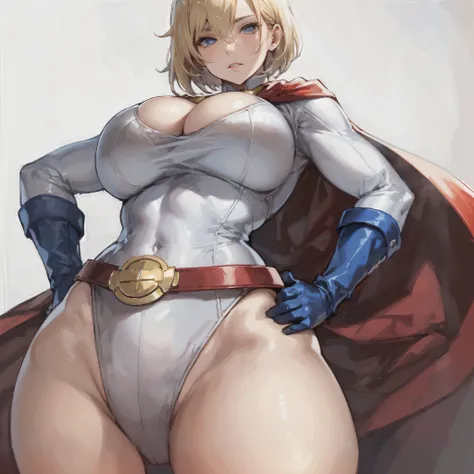 powergirl, blonde hair, cloak, red belt, white leotard, big brest, hand on hips